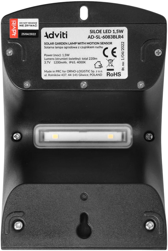 Sieninis šviestuvas Orno SILOE LED 1,5 W, saulės energija varomas šviestuvas su judesio jutikliu 120°, 190 lm, IP65, 4000 K, 1200 mAh, dvigubas šviesos šaltinis, juodas