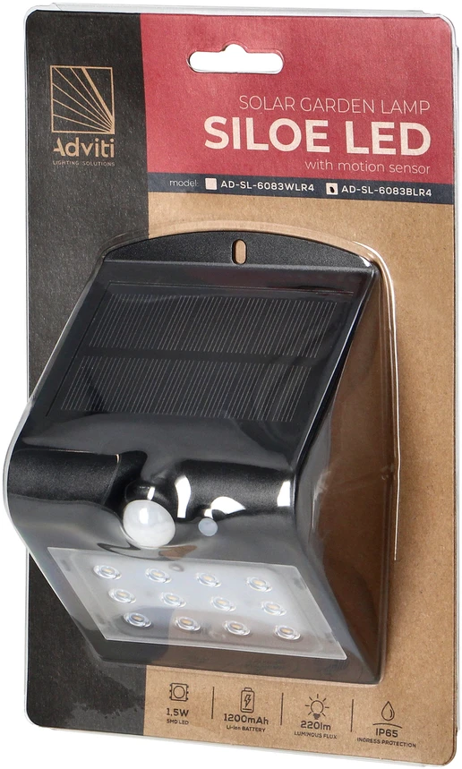 Sieninis šviestuvas Orno SILOE LED 1,5 W, saulės energija varomas šviestuvas su judesio jutikliu 120°, 190 lm, IP65, 4000 K, 1200 mAh, dvigubas šviesos šaltinis, juodas