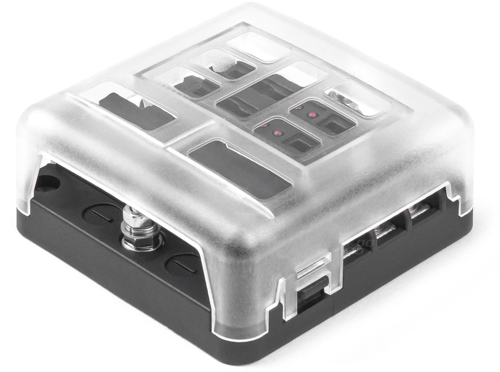 Saugiklių dėžutė, 6 lizdų su LED ir minuso jungtimi AMIO-03038
