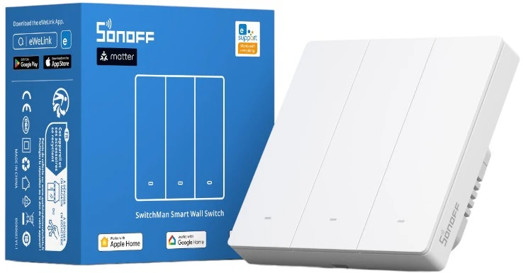 SONOFF M5 3 klavišų sieninis jungiklis 86mm pločio baltas M5-3C-86