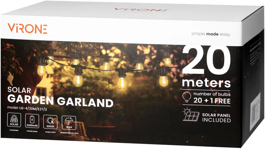 Solarna Saulės energija varomų šviesų girlianda - 1 girlianda po 20 m (20 šviestuvų) + 20 LED lempučių po 0,1 W E27, 3000 K + 1 nemokama lemputė