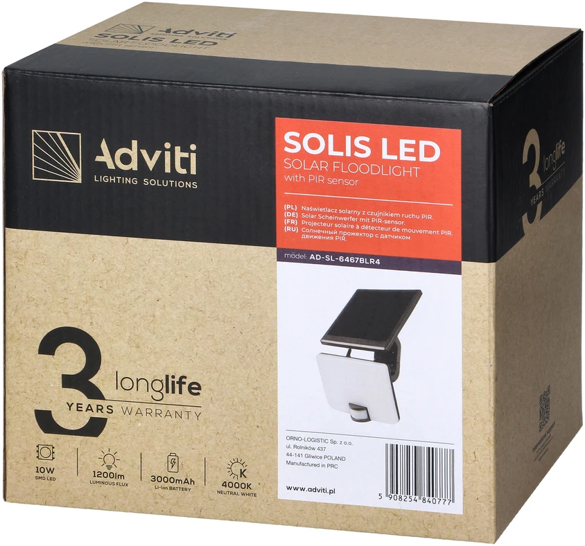 Orno SOLIS LED 10W, saulės energija varomas prožektorius su PIR judesio jutikliu, 1200lm, IP54, 4000K, 3000 mAh, juodas