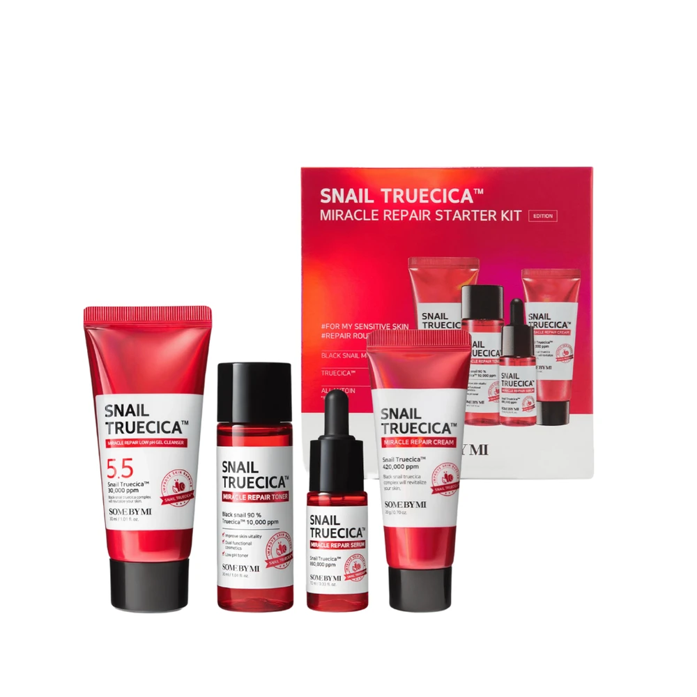 „Some By Mi“ – sraigių „Truecica Miracle Repair Starter Kit“ rinkinys, kelioninių dydžių dovanų dėžutė