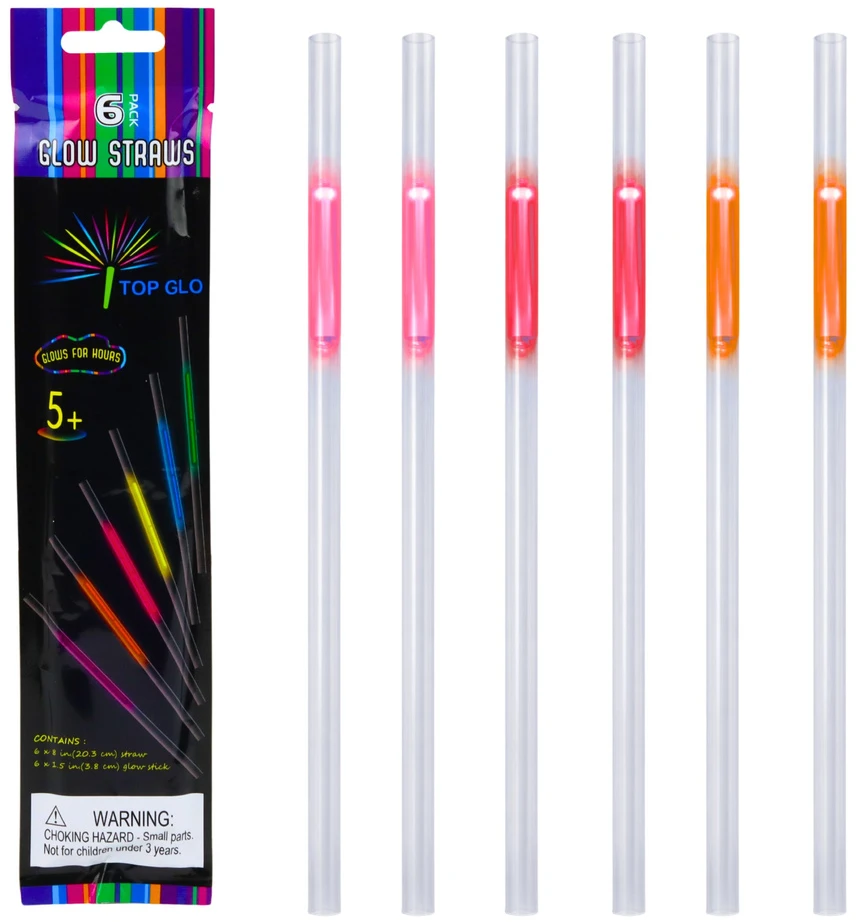 Lean Toys Słomki Fluorescenciniai šiaudeliai, šviečiantys tamsoje, neoniniai lazdelės, 6 vnt.