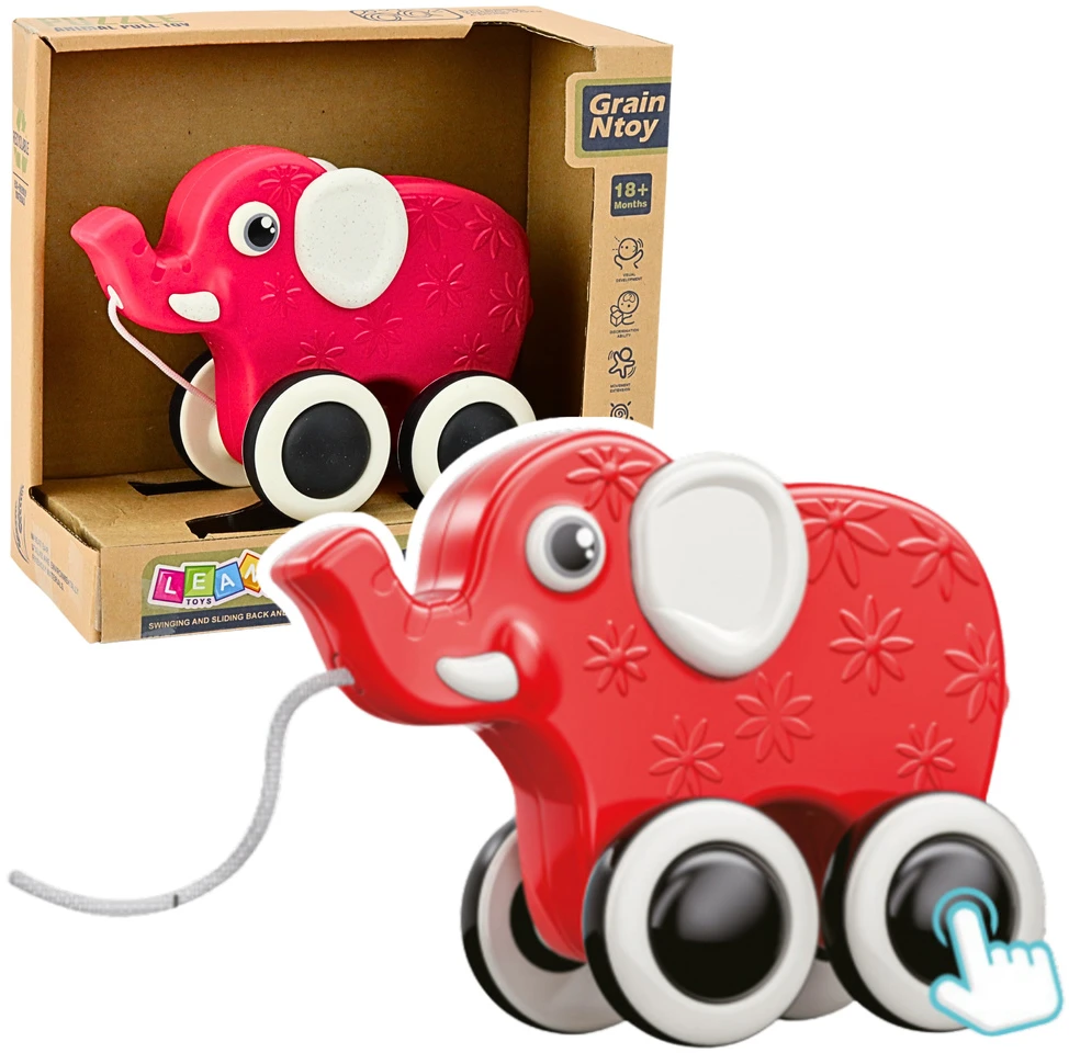 Lean Toys Raudonas dramblys su virvele ir švilpukais