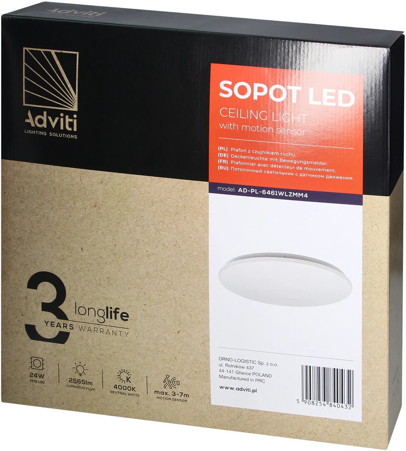 Orno SOPOT LED 24W, lubinis šviestuvas su mikrobangų judesio jutikliu, 2565lm, IP20, 4000K, PVC gaubtas