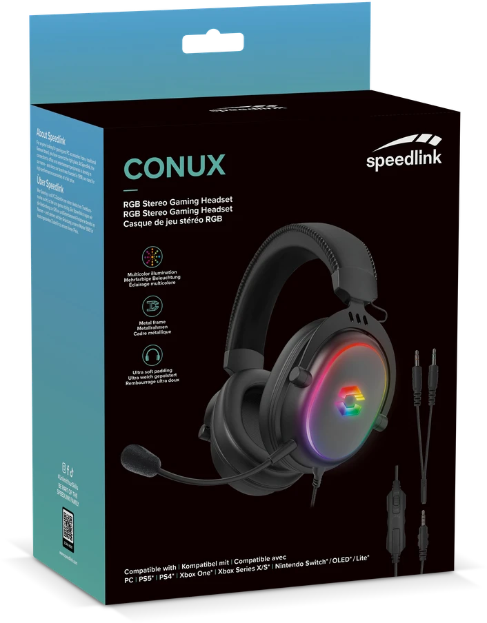 „Speedlink CONUX RGB“ stereo žaidimų ausinės, juodos, skirtos PC / PS5 / PS4 / XBOX Series X / S / Switch / OLED / Lite.