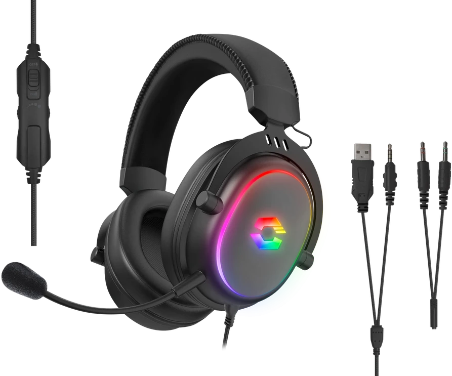 „Speedlink CONUX RGB“ stereo žaidimų ausinės, juodos, skirtos PC / PS5 / PS4 / XBOX Series X / S / Switch / OLED / Lite.