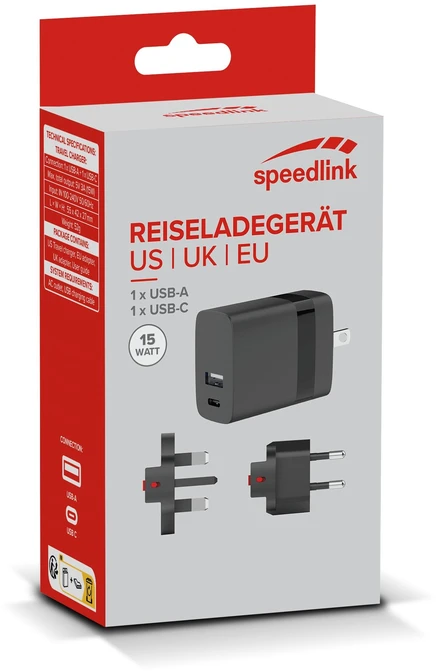 „Speedlink“ – kelioninis įkroviklis su USB-A ir USB-C 15 W jungtimis, skirtas JAV, JK ir ES, juodas