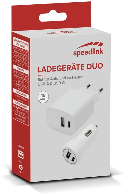 „Speedlink“ – sieninio ir automobilinio įkroviklio rinkinys, USB-A ir USB-C, 15 W, baltas