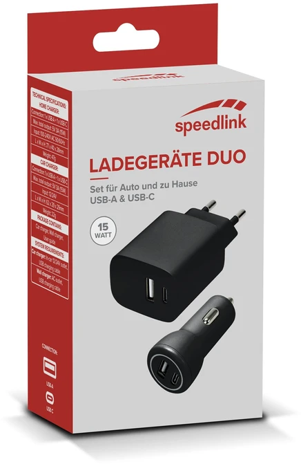 „Speedlink“ – sieninio ir automobilinio įkroviklio rinkinys, USB-A ir USB-C, 15 W, juodas