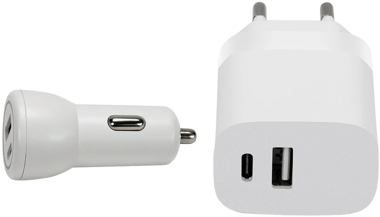 „Speedlink“ – sieninio ir automobilinio įkroviklio rinkinys, USB-A ir USB-C, 15 W, baltas