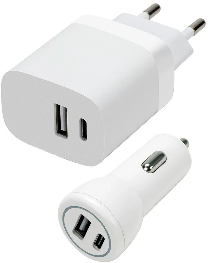 „Speedlink“ – sieninio ir automobilinio įkroviklio rinkinys, USB-A ir USB-C, 15 W, baltas
