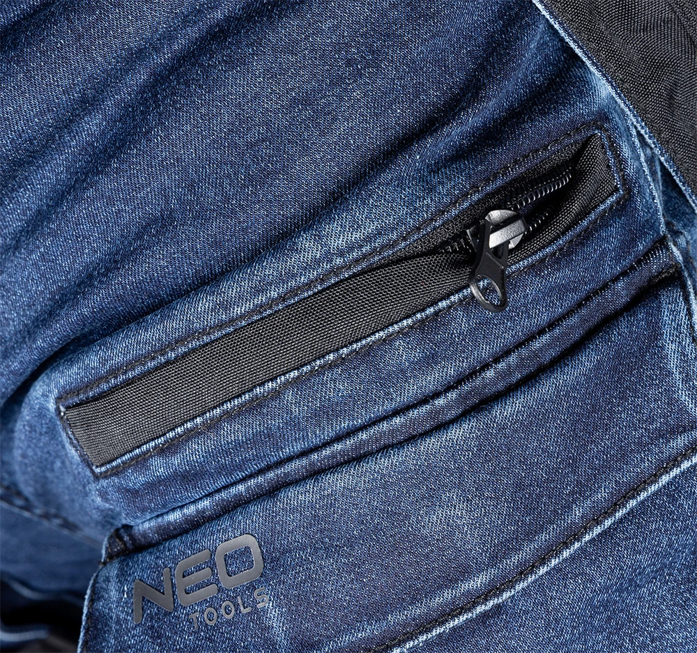 Neo Tools Kelnės Džinsinės darbo kelnės, su Cordura sutvirtinimais, nuimamomis kišenėmis, tamsiai mėlynos, XXXL dydis
