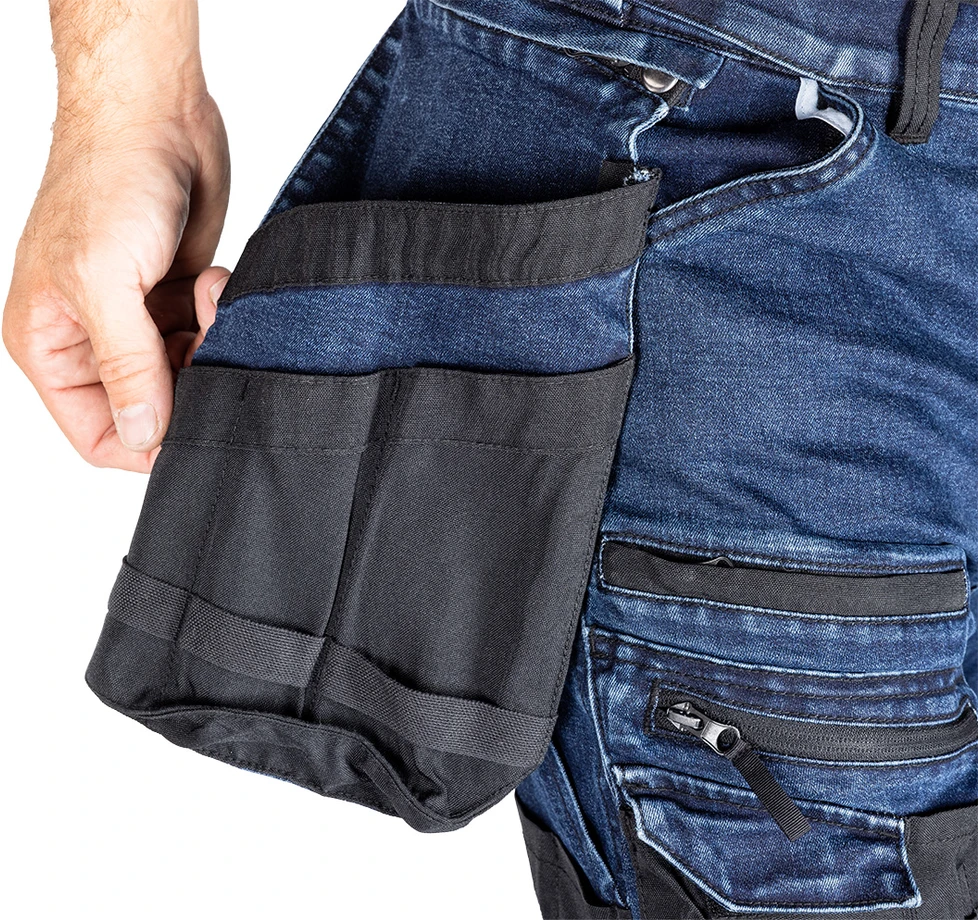 Neo Tools Kelnės Džinsinės darbo kelnės, sutvirtintos „Cordura“ audiniu, nuimamos kišenės dėklams, tamsiai mėlynos, S dydis