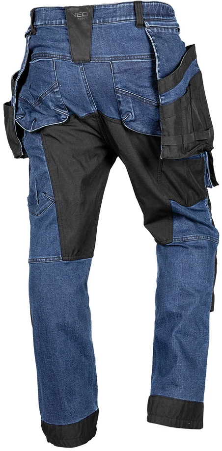 Neo Tools Kelnės Džinsinės darbo kelnės, sutvirtintos „Cordura“ audiniu, nuimamos kišenės dėklams, tamsiai mėlynos, S dydis
