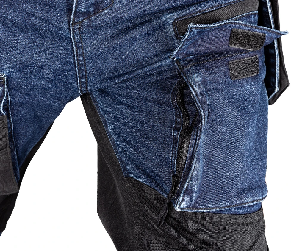 Neo Tools Kelnės Džinsinės darbo kelnės, sutvirtintos „Cordura“ audiniu, nuimamos kišenės dėklams, tamsiai mėlynos, XS dydis