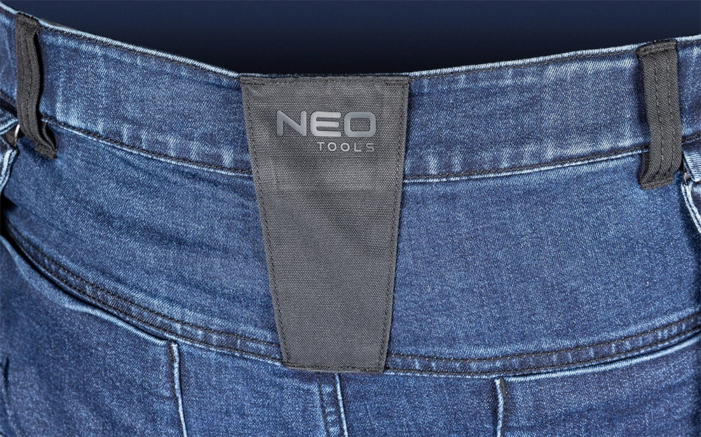 Neo Tools Kelnės Džinsinės darbo kelnės, sutvirtintos „Cordura“ audiniu, nuimamos kišenės dėklams, tamsiai mėlynos, XXL dydis