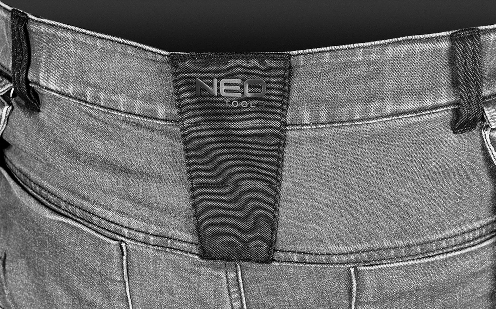 Neo Tools Kelnės Džinsinės darbo kelnės, sutvirtintos „Cordura“ audiniu, nuimamos kišenės dėklams, pilkos, XS dydis