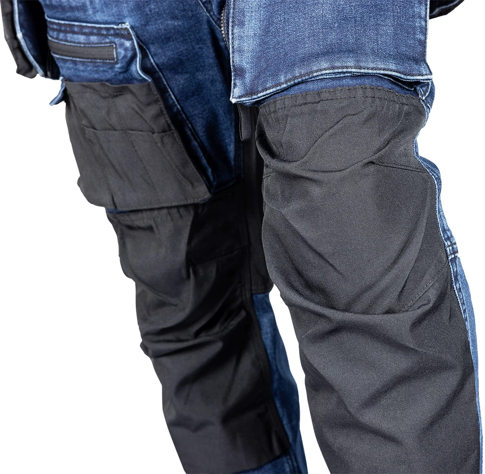 Neo Tools Kelnės Džinsinės darbo kelnės, sutvirtintos „Cordura“ audiniu, nuimamos kišenės dėklams, tamsiai mėlynos, S dydis