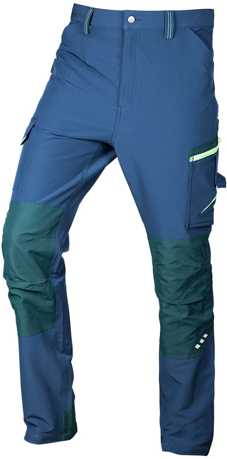 Mėlynos-žalios darbo kelnės su sutvirtintais keliais