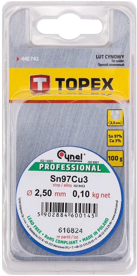 Cynel Spoiwo Litavimo užpildo metalas 97 % Sn, 3 % Cu, viela 2,5 mm, 100 g