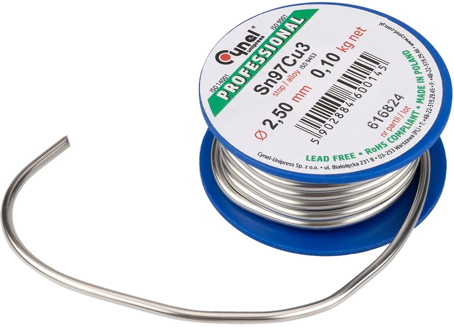 Cynel Spoiwo Litavimo užpildo metalas 97 % Sn, 3 % Cu, viela 2,5 mm, 100 g