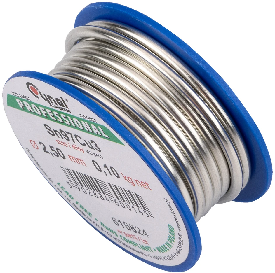 Cynel Spoiwo Litavimo užpildo metalas 97 % Sn, 3 % Cu, viela 2,5 mm, 100 g