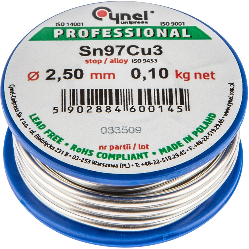 Cynel Spoiwo Litavimo užpildo metalas 97 % Sn, 3 % Cu, viela 2,5 mm, 100 g