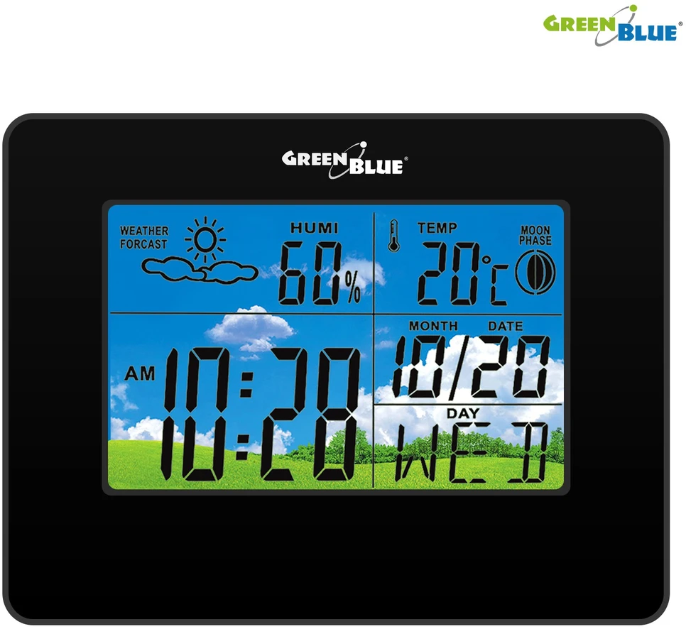 GreenBlue Stacja Meteorologinė stotelė, laikrodis, kalendorius, mėnulio fazė, žalia, mėlyna, GB148B, juoda