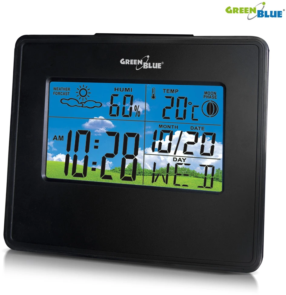 GreenBlue Stacja Meteorologinė stotelė, laikrodis, kalendorius, mėnulio fazė, žalia, mėlyna, GB148B, juoda