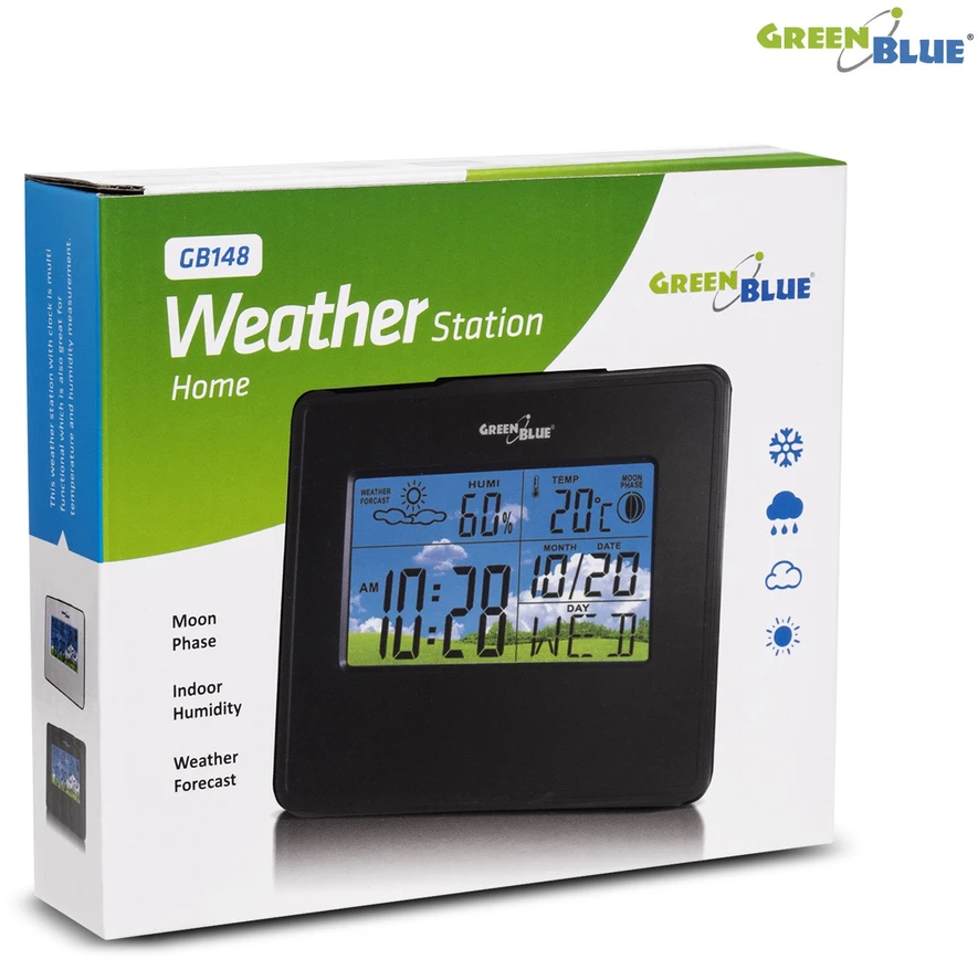 GreenBlue Stacja Meteorologinė stotelė, laikrodis, kalendorius, mėnulio fazė, žalia, mėlyna, GB148B, juoda