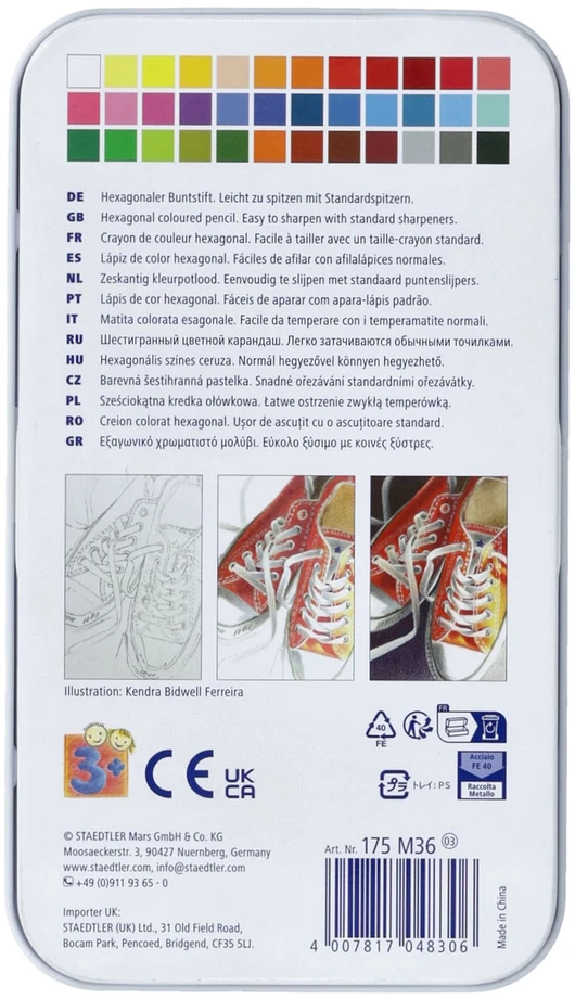 Spalvoti pieštukai STAEDTLER, šešiabriauniai, metalinėje dėžutėje, 36 vnt.