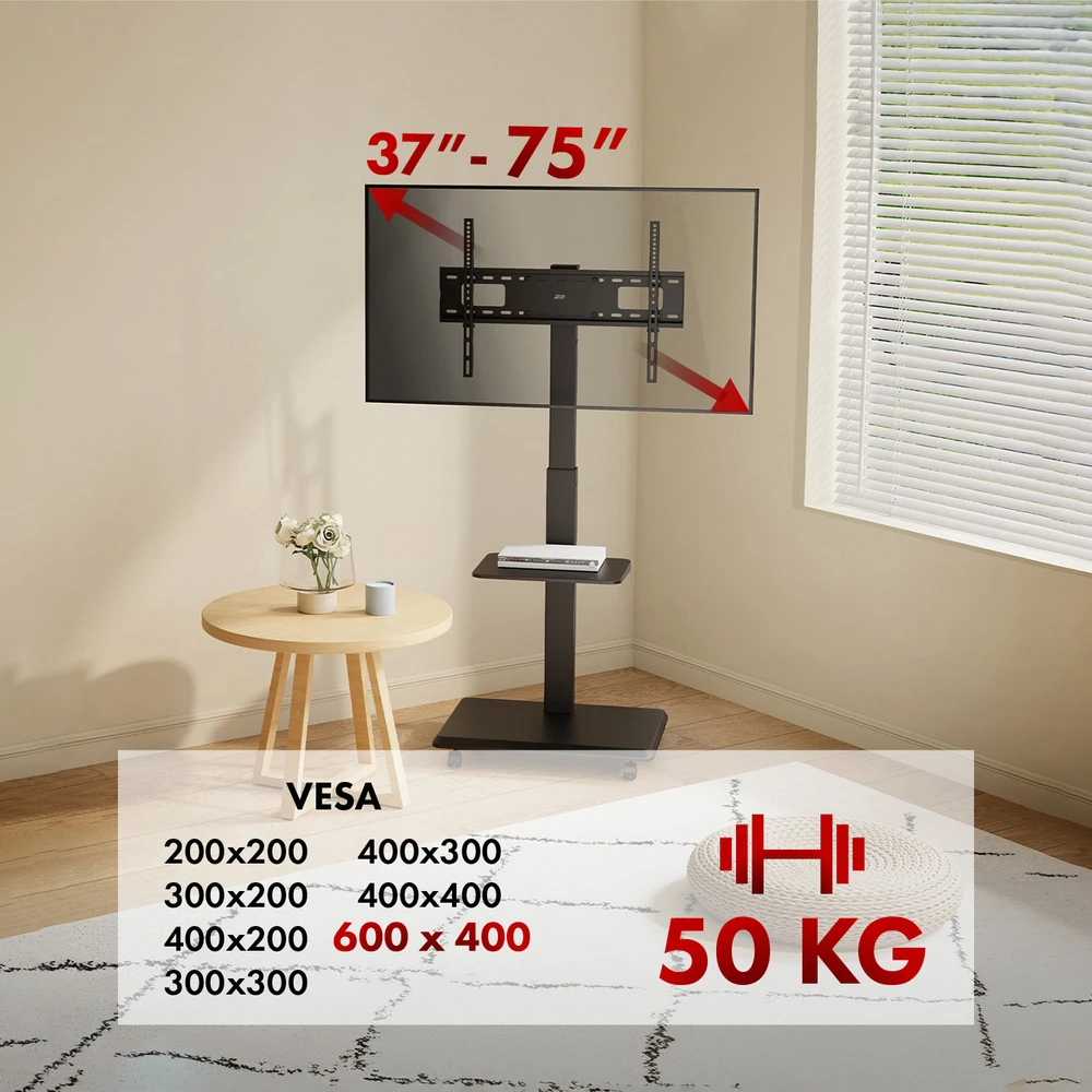 Laikiklis Televizoriaus stovas / vežimėlis „Ergo-Office“, maks. apkrova 50 kg / 5kg lentyna, maks. VESA 600x400, įmontuotas maitinimo lizdas, juodas, ER-304 B