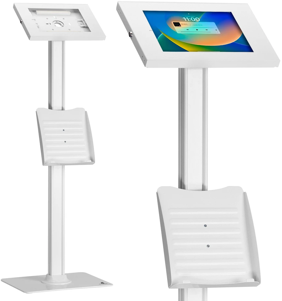 Stojak „Maclean“ reklaminis planšetinio kompiuterio laikiklis, tvirtinamas prie grindų su užraktu, 9,7–11 colių, „iPad“ / „Air“ / „iPad Pro“, „Galaxy Tab A“ / „Tab A7“ / „Tab S6 Lite“, MC-4
