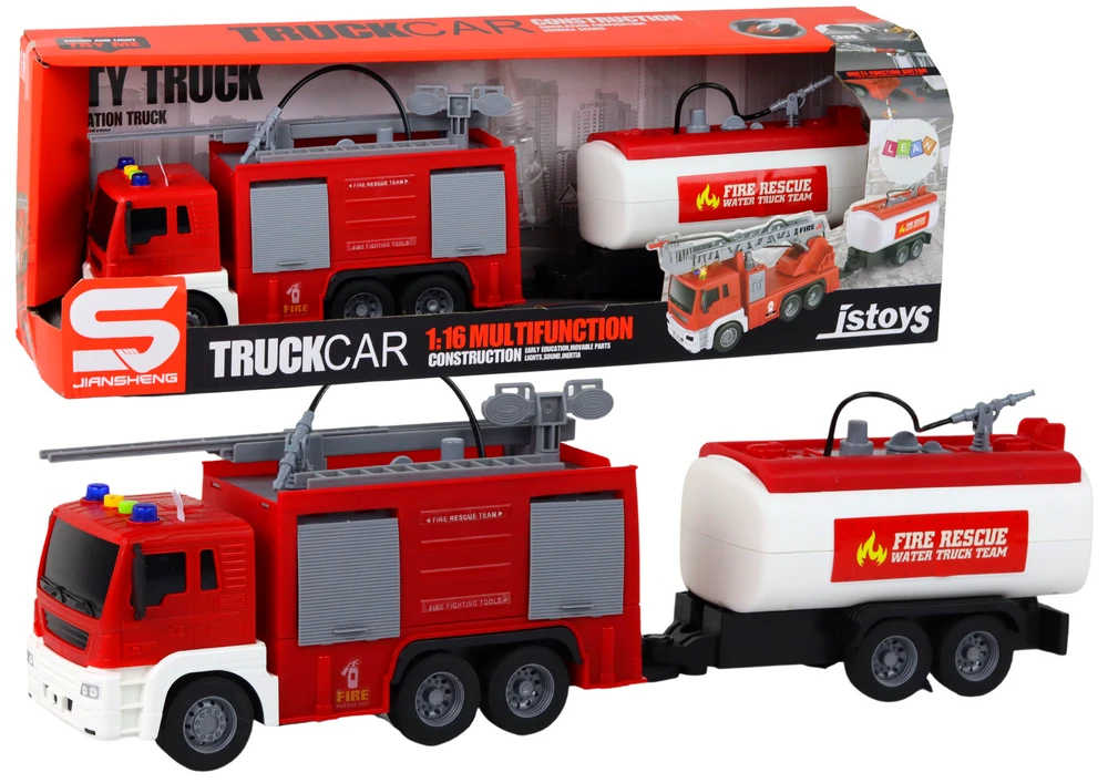 Lean Toys Gaisrinės mašina su priekaba 1:16 su šviesos ir garso efektais