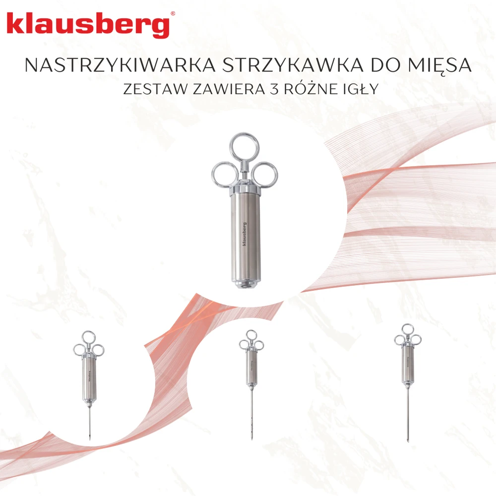 Kaitlentė Strzykawka- Mėsos marinavimo švirkštas, rinkinys su 3 adatomis ir priedais, nerūdijantis plienas, 60 ml, Klausberg, KB-7842