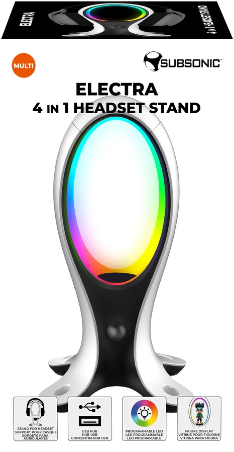 Subsonic Electra 4 in 1 žaidimų ausinių stovas su RGB lempa ir USB šakotuvu