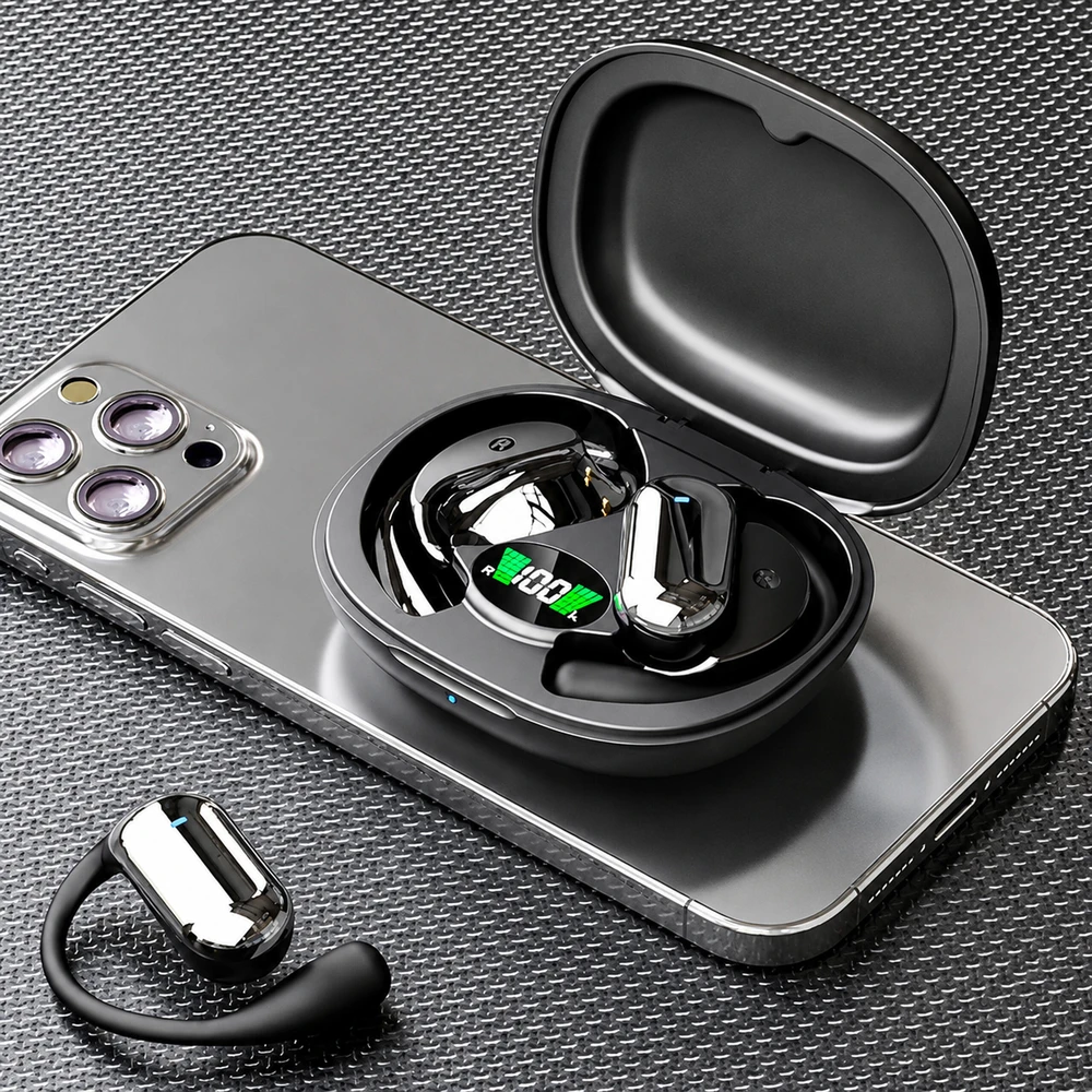 Słuchawki Belaidės „Bluetooth“ ausinės su išorine baterija, dėklas su dirbtiniu intelektu ir vertėju, juodas