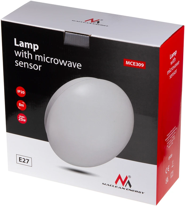 Sufitowa Lubinis šviestuvas 1xE27 su Maclean jutikliu, mikrobangų jutikliu, PMMA gaubtu, maks. apkrova 25W, IP20, MCE309