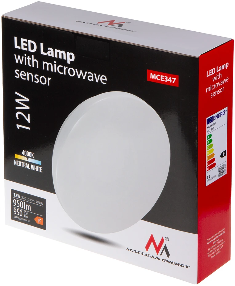 Sufitowa „Maclean“ LED jutiklinis lubinis šviestuvas, 5,8 GHz mikrobangų jutiklis, 4000 K, 12 W, 950 lm, IP44, MCE347