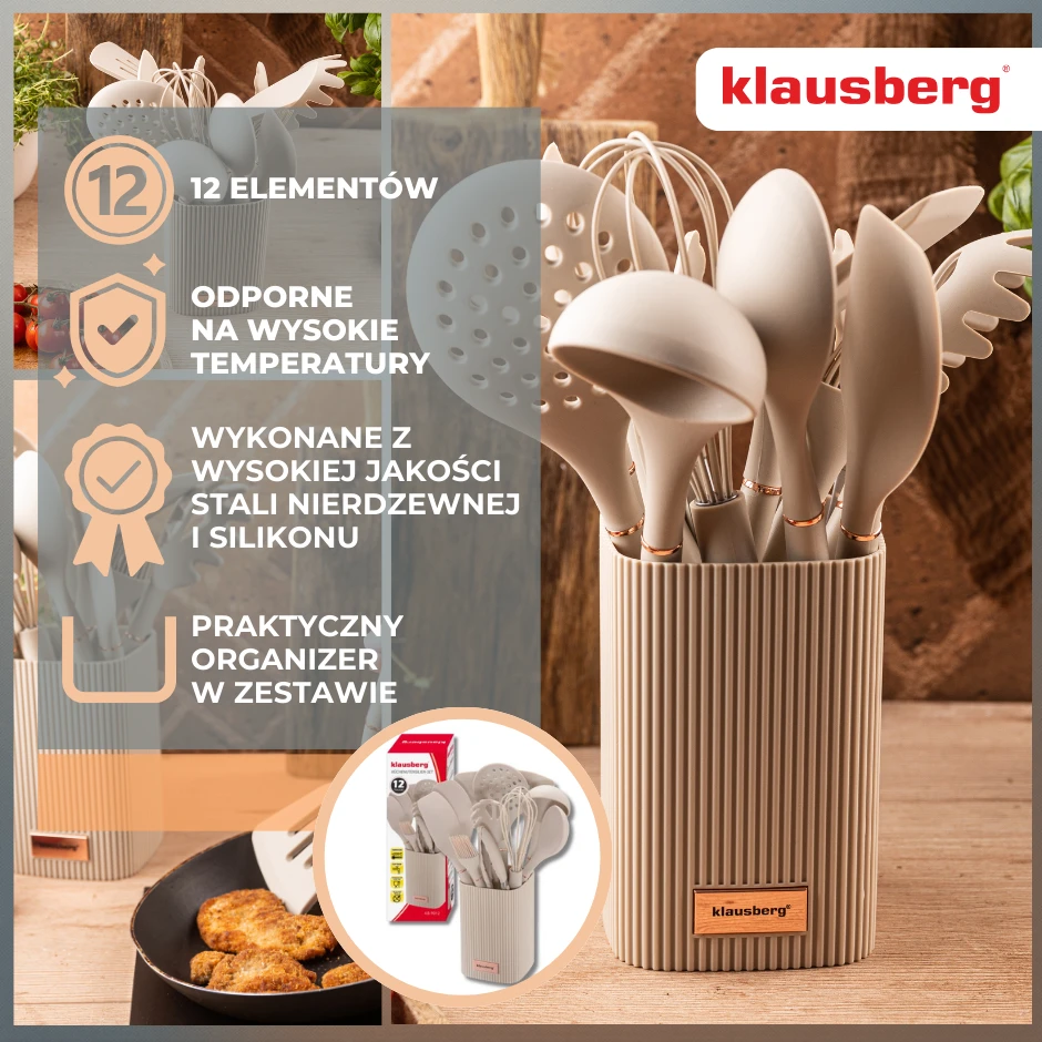 Sulčiaspaudė Rinkinys 12 dalių virtuvės įrankių rinkinys, smėlio spalvos silikonas, Klausberg kb-9012