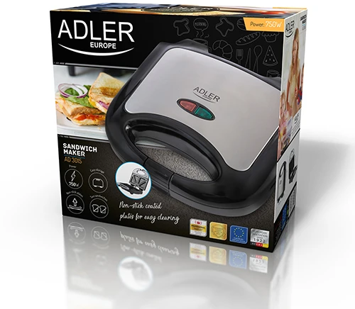 Sumuštinių keptuvas Adler | Sumuštinių keptuvė | AD 3015 | 750 W | Lentelių skaičius 1 | Kepinių skaičius 2 | Juodas