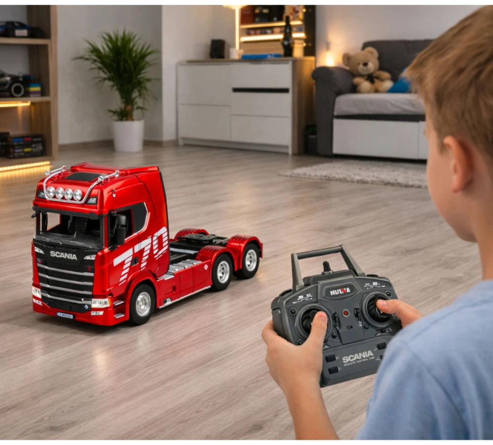 Huina RC sunkvežimis Scania 770S su priekaba, raudonas, 1:18