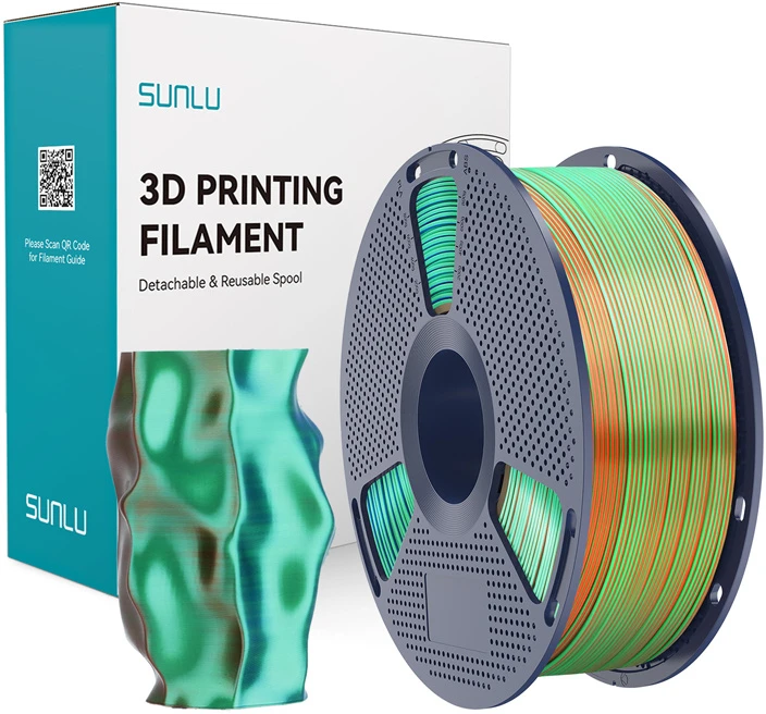 Sunlu PLA+ Silk Tri-Color Filament (oranžinis, mėlynas, and žalias)