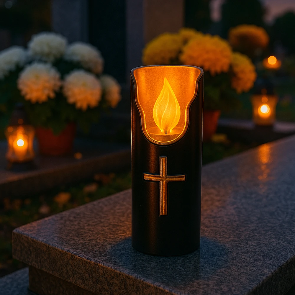 Świeca Baterijomis maitinama LED žvakė su juodos liepsnos efektu, 15 cm dydžio kapo šviesos įdėklas