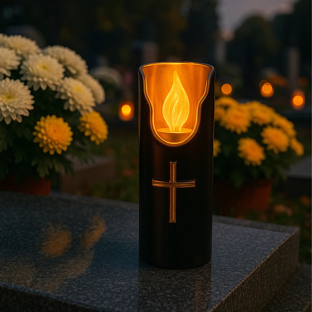 Świeca Baterijomis maitinama LED žvakė su juodos liepsnos efektu, 15 cm dydžio kapo šviesos įdėklas
