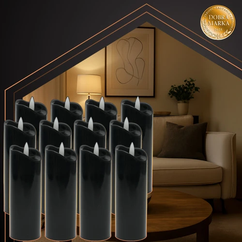 LED žvakės 12 vnt. 15 cm Ruhhy, juoda spalva, mirgančios liepsnos efektas
