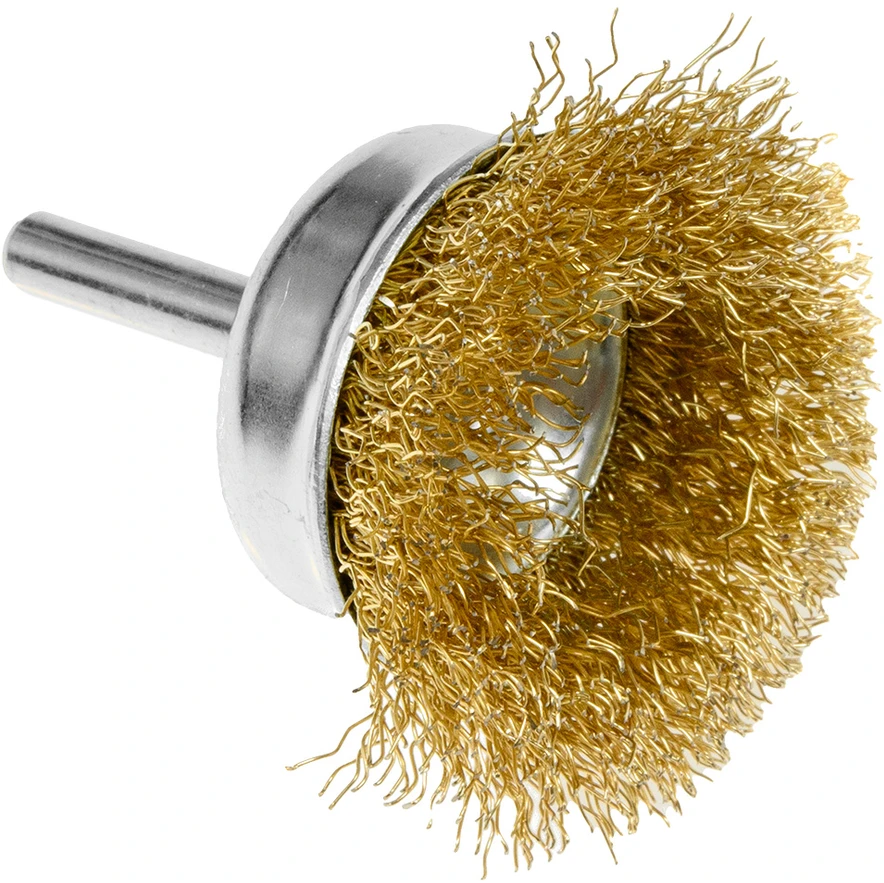 Szczotka 50 mm vielinis šepetys puodelio formos, gofruota viela, padengtas žalvariu, su 6 mm kotu
