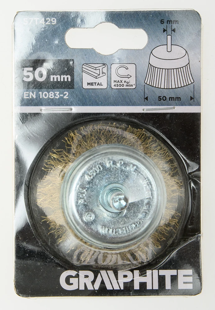 Szczotka 50 mm vielinis šepetys puodelio formos, gofruota viela, padengtas žalvariu, su 6 mm kotu
